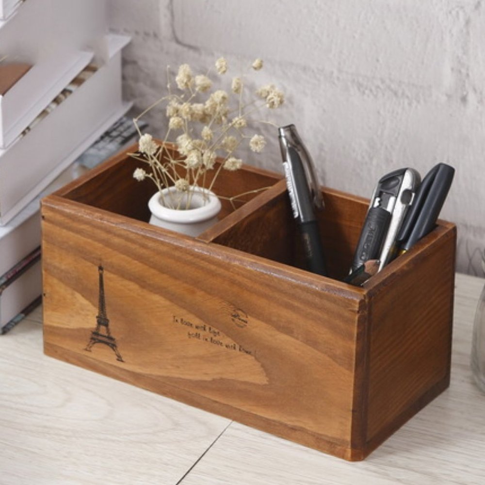 Wooden Desktop Organizer Office Supplies Brown Tabletop Storage, Brown